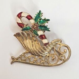 Vintage sleigh and candy cane pin brooch gold tone
